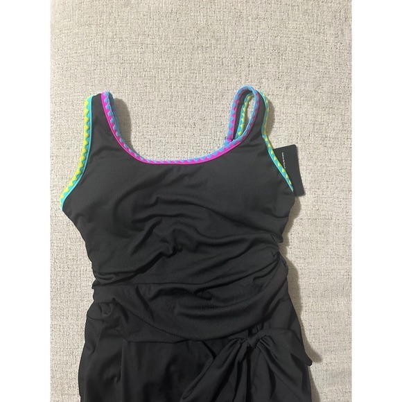 Zilcremo Swimdress Women L Black NEW Tummy Control Neon Trim Side Tie Ribbed - Picture 6 of 7